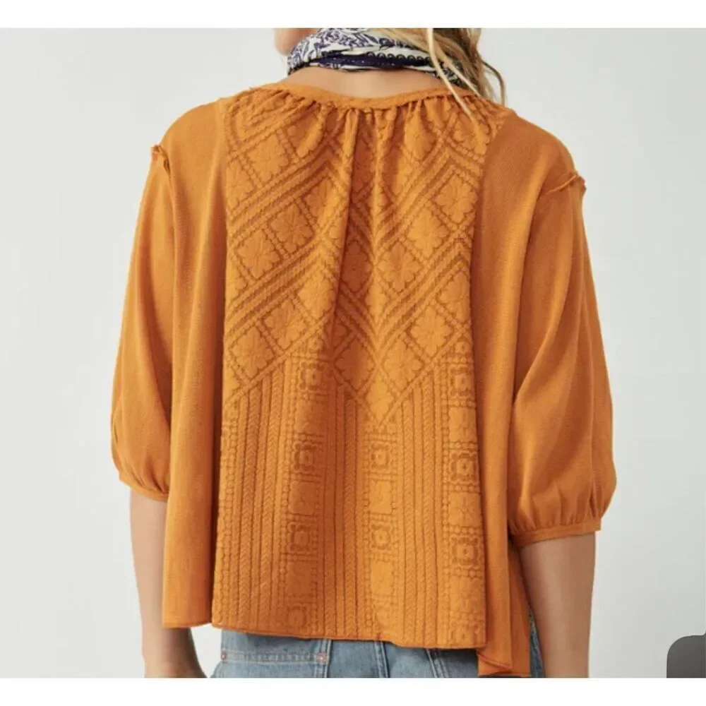 Free People Womens Rust Orange Button-Up Lace Trim Mae Top Size Medium